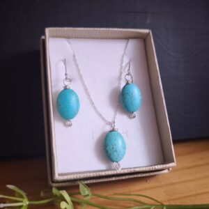 Conjunto de plata piedra turquesa (collar, cadena y aros)